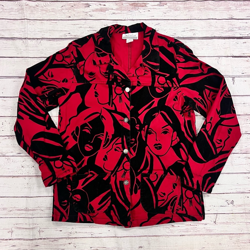 Womens Vintage 90's Pop Art Faces Fashion Trucker Jacket, Impulse California Lg